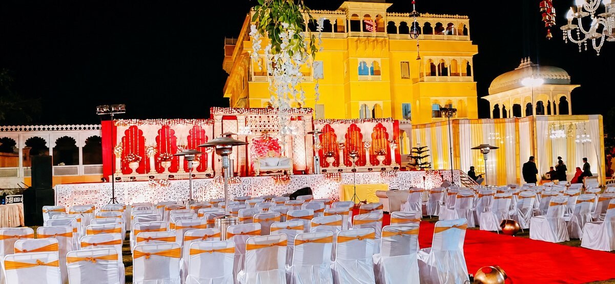 A wedding stage decorated for a celebration at Dream Hills Resort