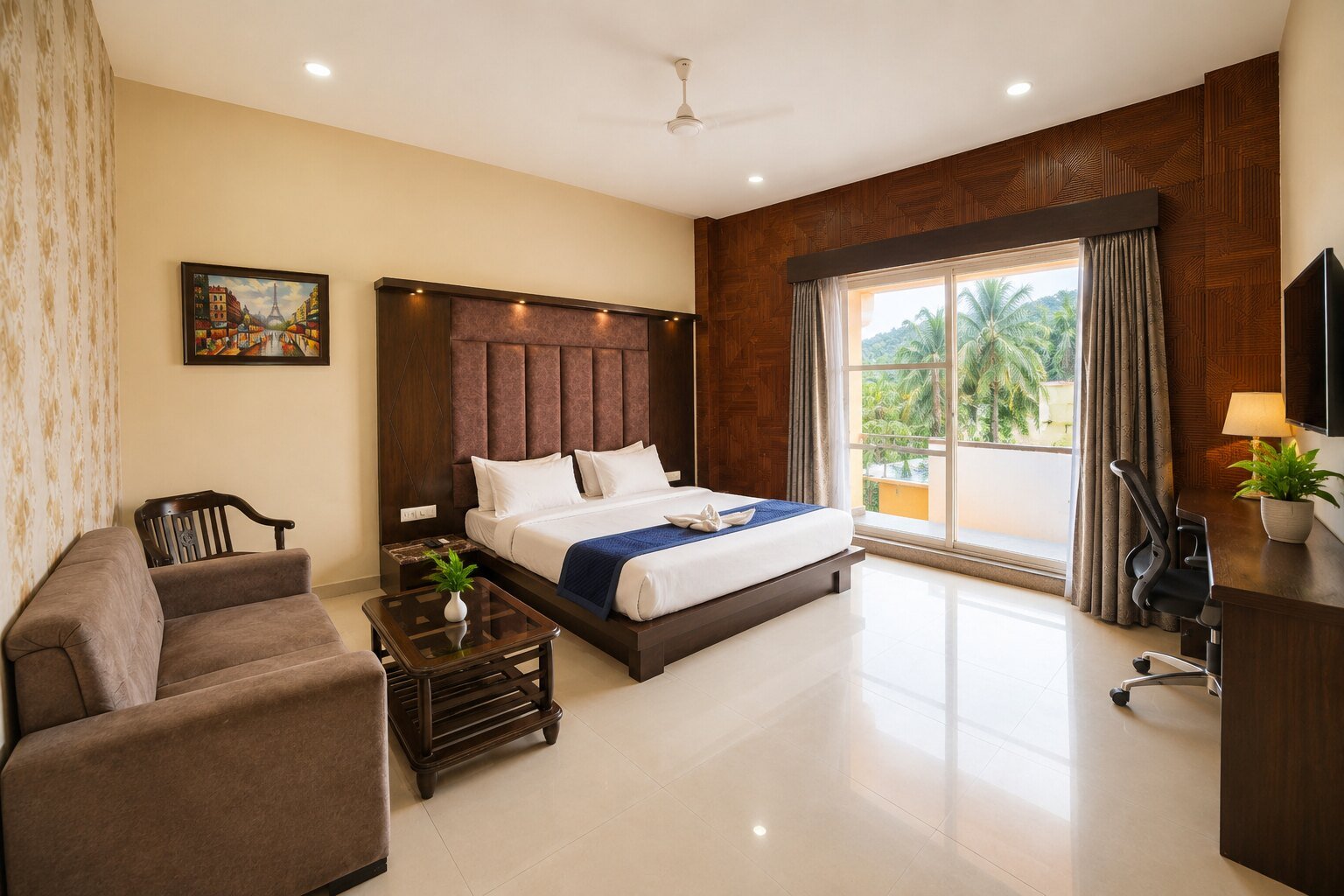 A room at Dream Hills Resort opening onto a mountain view