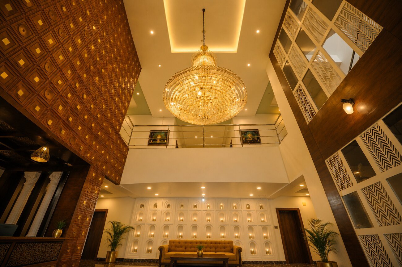 The warm resort lobby