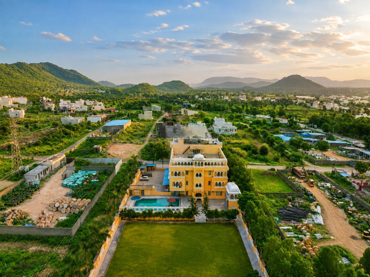 Aerial view of the resort and grounds at sunset